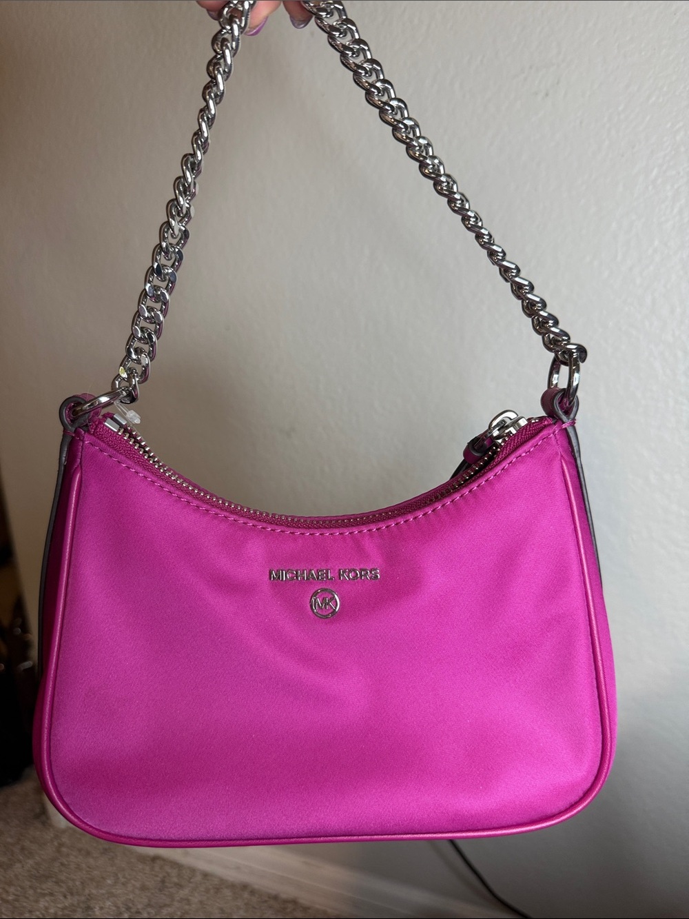Michael Kors Fuchsia Satin Shoulder Bag with Silver Chain